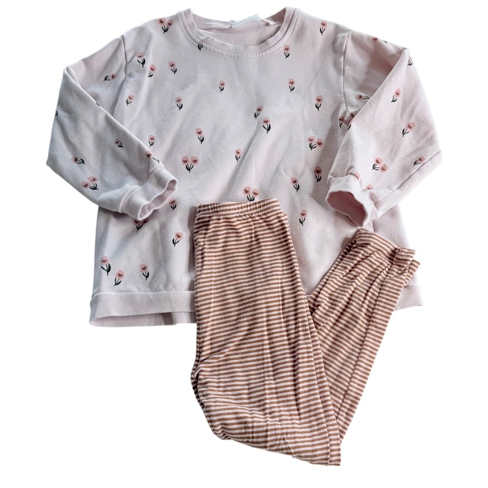 Angel Dear 2-Piece Lounge Set Kids 4T Pink Brown Floral Striped Sweatshirt Pants